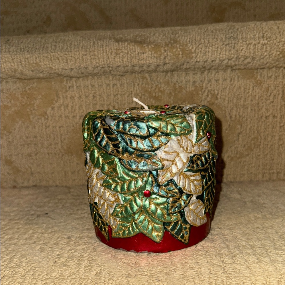 Green and Gold Leaf Embellished Candle
